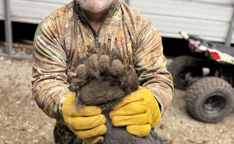 Perry Pitre Jr. with a black bear paw. (Submitted photo)