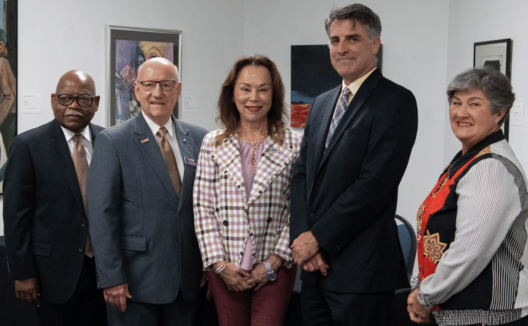 From left, are LSUA College of Allied Heath Dean Haywood Joiner, Ph.D.;  Paul Coreil, Ph.D., LSUA chancellor;  LSU Eunice Chancellor Nancee Sorenson, Ph.D.;  Dr. John Hamlin, vice chancellor for Academic Affairs; and Dottie McDonald, LSU Eunice dean of Health Sciences and Business Technology. (Photo by Nathan Parish/LSUA)