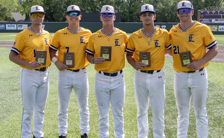LSU Eunice Baseball team members Aidan Mouton, Tyson LeBlanc, Alex Dupuy, Alec Beversdorf, and Jackson Legg receive their All-Region 23 awards on Saturday. (LSUE photo)