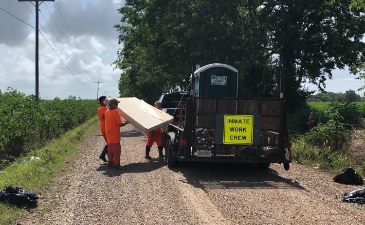 Acadia Parish began an inmate litter abatement crew during June.  Inmates picked up trash on 14 days in various areas of the parish.  During the 14 days, 456 bags of trash were picked up along with numerous items including mattresses, washers, dryers, trampolines and tires.  The program is a cooperative agreement between the Acadia Parish Sheriff’s Office and Acadia Parish Police Jury. (Submitted photo)