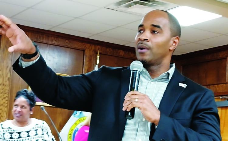 St. Landry Parish School Board Superintendent Milton Batiste, III pictured at meeting. (Photo by Bobby Ardoin)