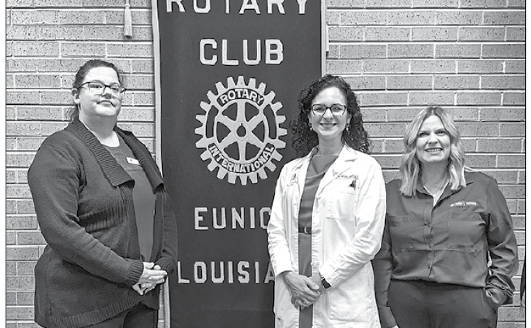 On Wednesday, Dec. 3, the Eunice Rotary Club hosted Dr. Catherine McGee, MD, FACS, plastic surgeon. McGee was the guest of Rotarian Allie Soileau. The doctored provided an overview of the field of plastic surgery, dispelling myths and answering questions. Pictured, from left, are Rotary President Erika Fontenot, McGee, and Soileau. (Submitted photo)