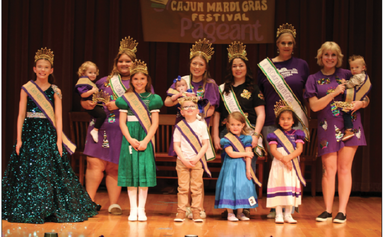 2026 Eunice Royalty were named during a Cajun Mardi Gras Queens & Kings Festival Pageant held Saturday, Jan. 17. From left are Miss Abbigail David, Ms. Jessica Doucet, Teen Miss Amelie Fontenot, Jr. Miss Emma-Kate Reed, Deb Miss Hadley Elkins, Little Miss Remmi Devillier, Petite Miss Julia Bellard, Petite King Grant Elkins, Tiny Miss Callie Wilson, Tiny King Jameson Peters, Toddler Miss Gracelyn Carriere, Toddler King Brayon Colligan, Baby Miss Katherine Levy and Baby King Jai Philayvanh. (Submitted photo)