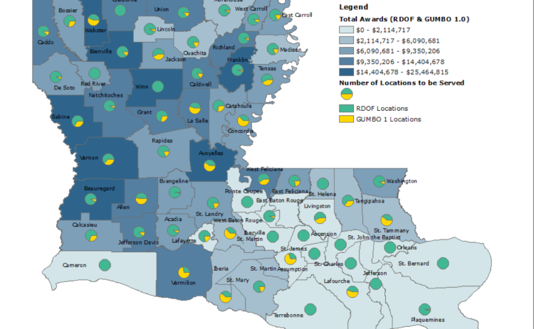 The above map shows the total amounts awarded and number of locations to be served by the RDOF and GUMBO 1.0 programs, by parish. (Image source: Louisiana Legislative Auditor’s Office)