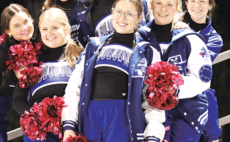 St. Edmund Blue Jay dancers at the game with Sacred Heart of Ville Platte on Oct. 18, from left, are Emma Myers (co-captain), Lauren Bearb (captain), Audrey Rachal, Stella Summerlin, Kennadi Thibodeaux, Ava Lafleur and Ruby Durham (Photo by Amy Myers)