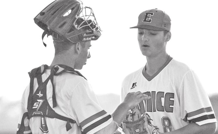 Eunice High catcher Zac Suire, left, talke with Bobcat pitcher Hudson Manuel during a timeout at Monday’s first round playoff gams against Northwood-Shreveport.