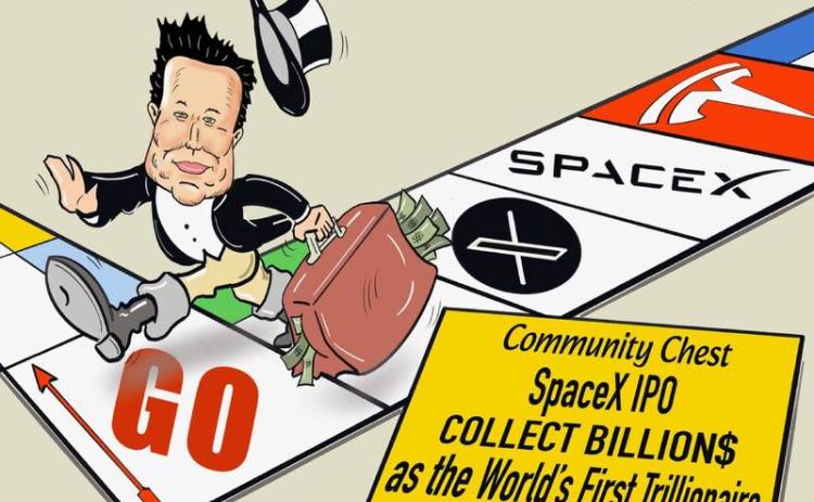 Elon Musk being depicted in Monopoly Cartoon