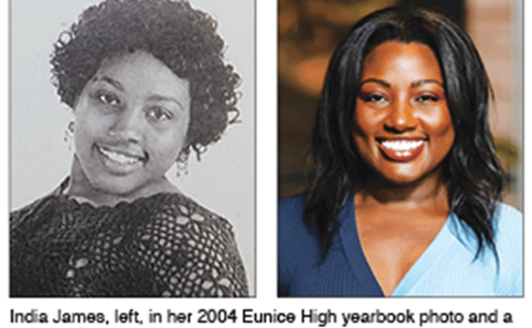 India James, left, in her 2004 Eunice High yearbook photo and a current photo. (Submitted photo)