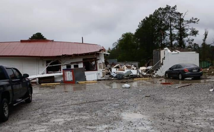 An F1 tornado tore through the meat preparation room of Rhea’s Specialty Meats and Smokehouse, located on the north side of U.S. 190 just west of Basile’s town limits at about 8 a.m. Tuesday. (Photo by Darrel Lejeune)
